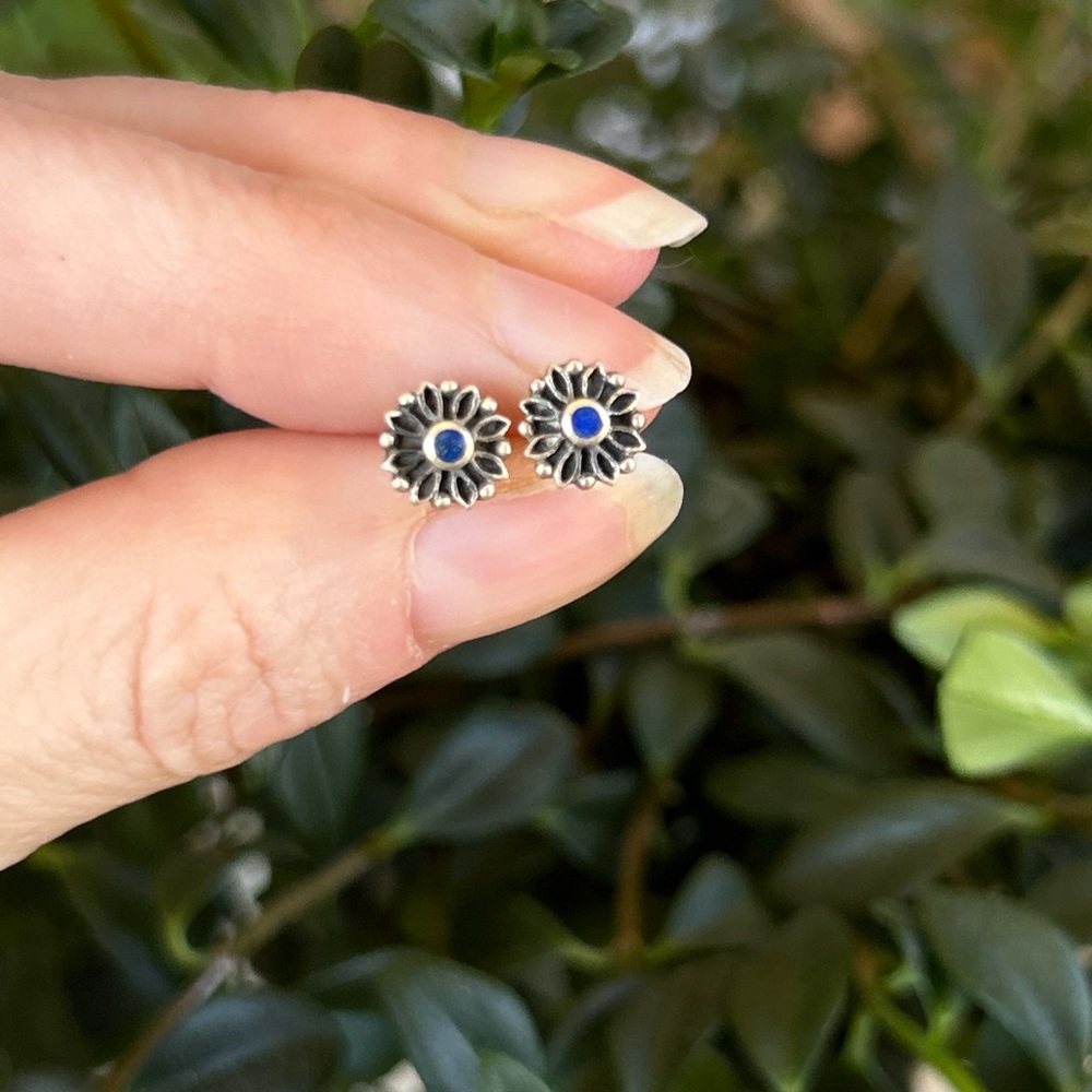 Sterling Silver Lapis Floral Stud Earrings
